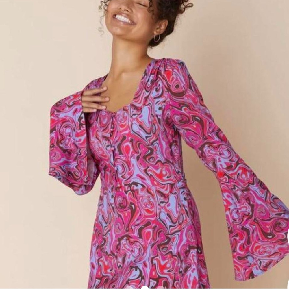 Jo West Geneva Bell Sleeve Dress XL Midi Boho Artsy Cottagecore Festival Retro